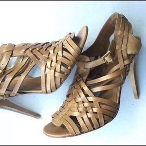 TORY BURCH Nadia brown woven leather logo detail huarache sandals heels 9.